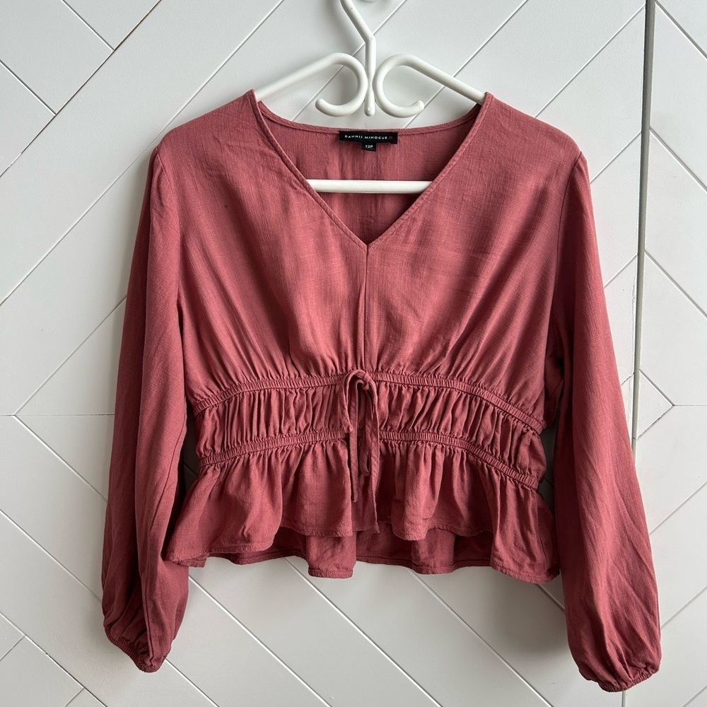 $10 item! Dusty Rose Puff Sleeve tie front linen blend Women's Top size 12P - Picture 4 of 8